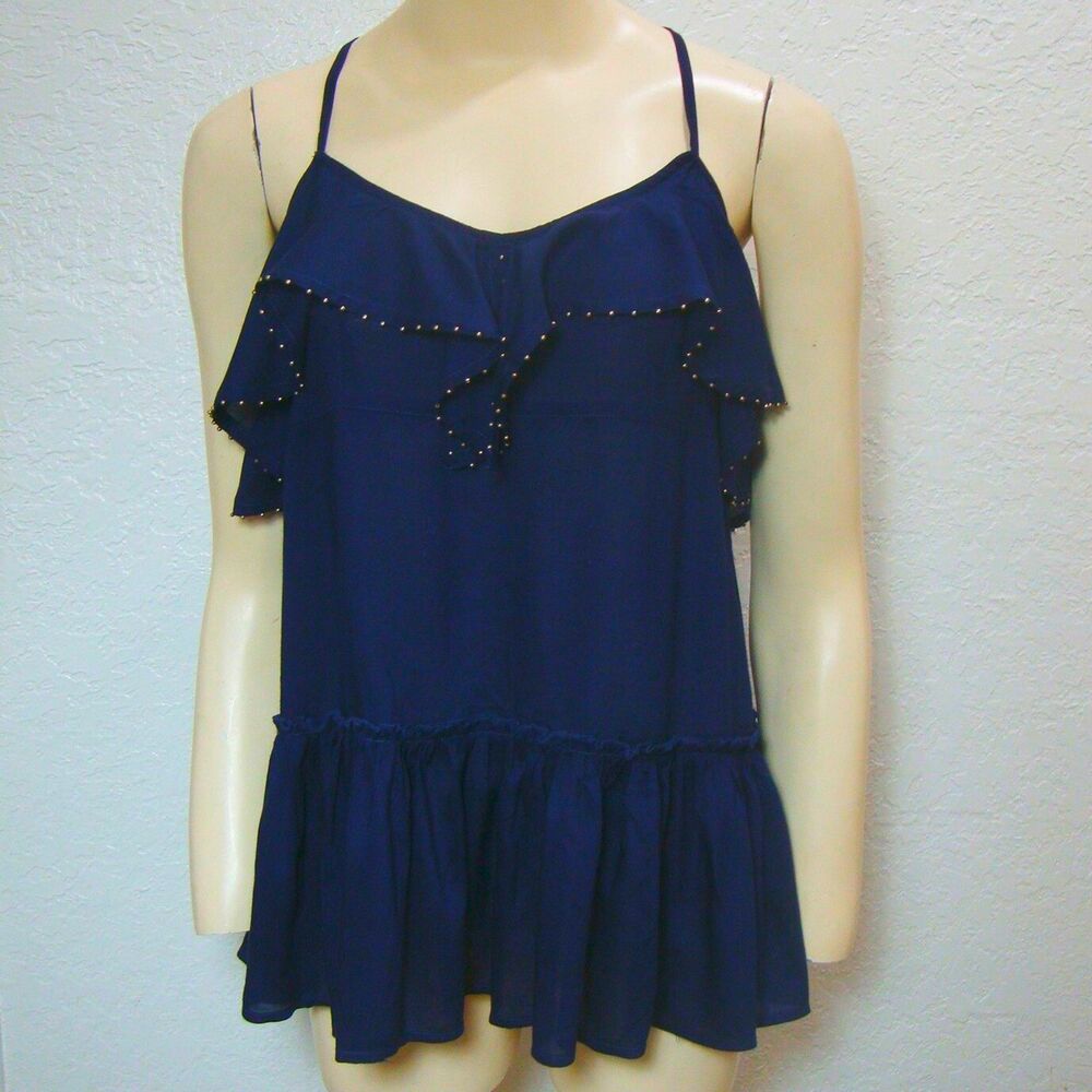 FREE PEOPLE Babydoll Ruffle Studs Racerback Tunic Top XS Small Blue Strappy Tank